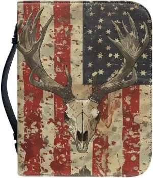 Lotusorchid American Flag Bible Cover Case for Women, Deer Lightweight Church Bible Bag Sturdy Bible Cover Carrier Organizer Bag, Bible Holder Zippered Bible Accessories for Christian, Multicolor, M