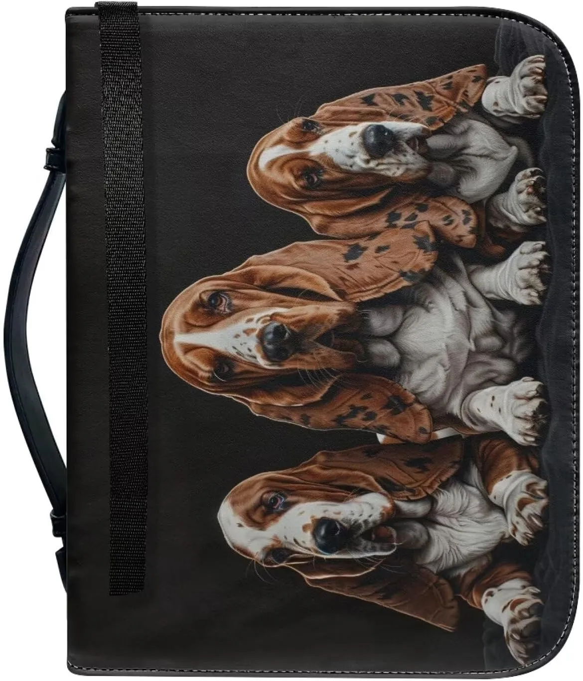 Lotusorchid Basset Hound Printed Bible Bag for Men, Portable PU Bag Bible Book Cover Case for Women, Lightweight Bible Holder Zippered Bible Carrying Case with Handle Slots, Black, M