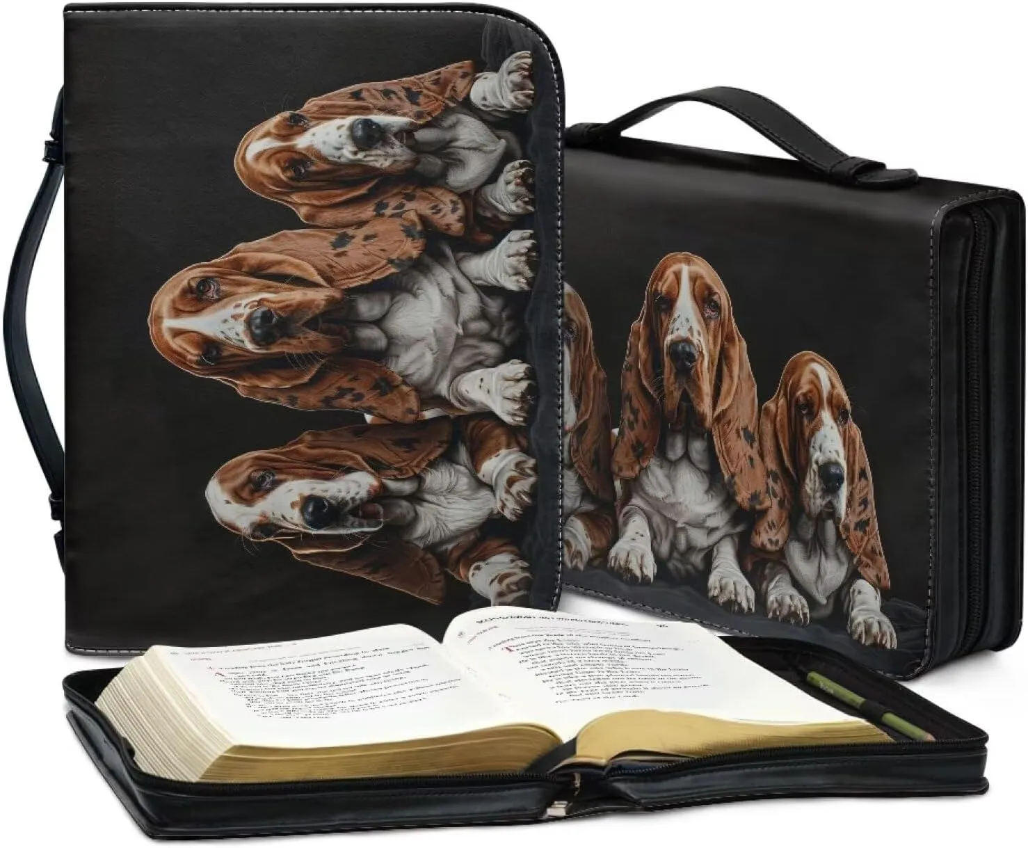 Lotusorchid Basset Hound Printed Bible Bag for Men, Portable PU Bag Bible Book Cover Case for Women, Lightweight Bible Holder Zippered Bible Carrying Case with Handle Slots, Black, M