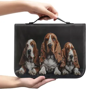 Lotusorchid Basset Hound Printed Bible Bag for Men, Portable PU Bag Bible Book Cover Case for Women, Lightweight Bible Holder Zippered Bible Carrying Case with Handle Slots, Black, M