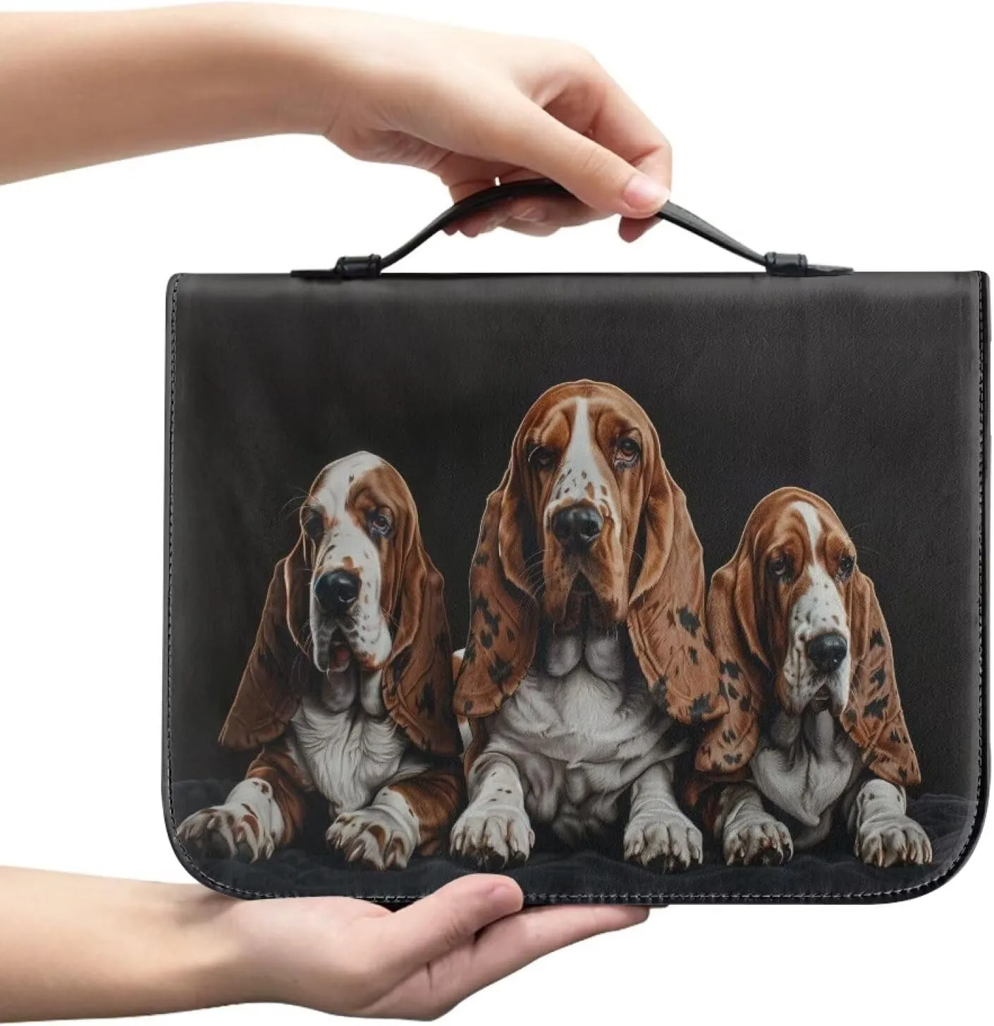 Lotusorchid Basset Hound Printed Bible Bag for Men, Portable PU Bag Bible Book Cover Case for Women, Lightweight Bible Holder Zippered Bible Carrying Case with Handle Slots, Black, M