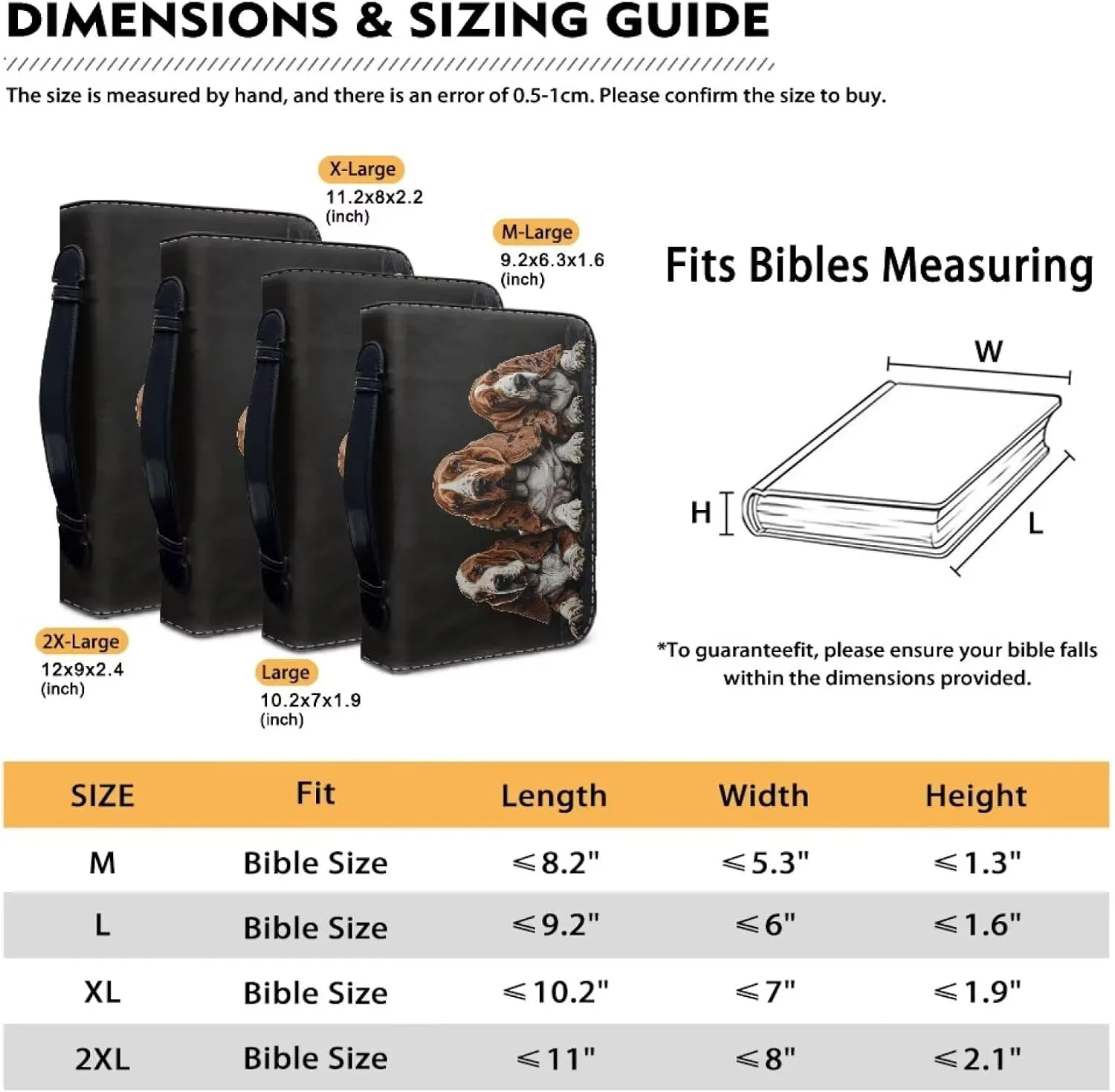 Lotusorchid Basset Hound Printed Bible Bag for Men, Portable PU Bag Bible Book Cover Case for Women, Lightweight Bible Holder Zippered Bible Carrying Case with Handle Slots, Black, M