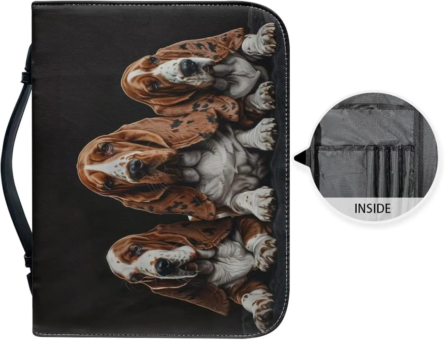 Lotusorchid Basset Hound Printed Bible Bag for Men, Portable PU Bag Bible Book Cover Case for Women, Lightweight Bible Holder Zippered Bible Carrying Case with Handle Slots, Black, M