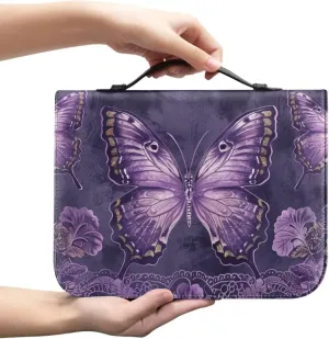 Lotusorchid Butterfly Bible Cover Case for Women, Lightweight Church Bible Bag Sturdy Bible Cover Carrier Organizer Bag, Bible Holder Zippered Bible Accessories for Christian, Purple, M