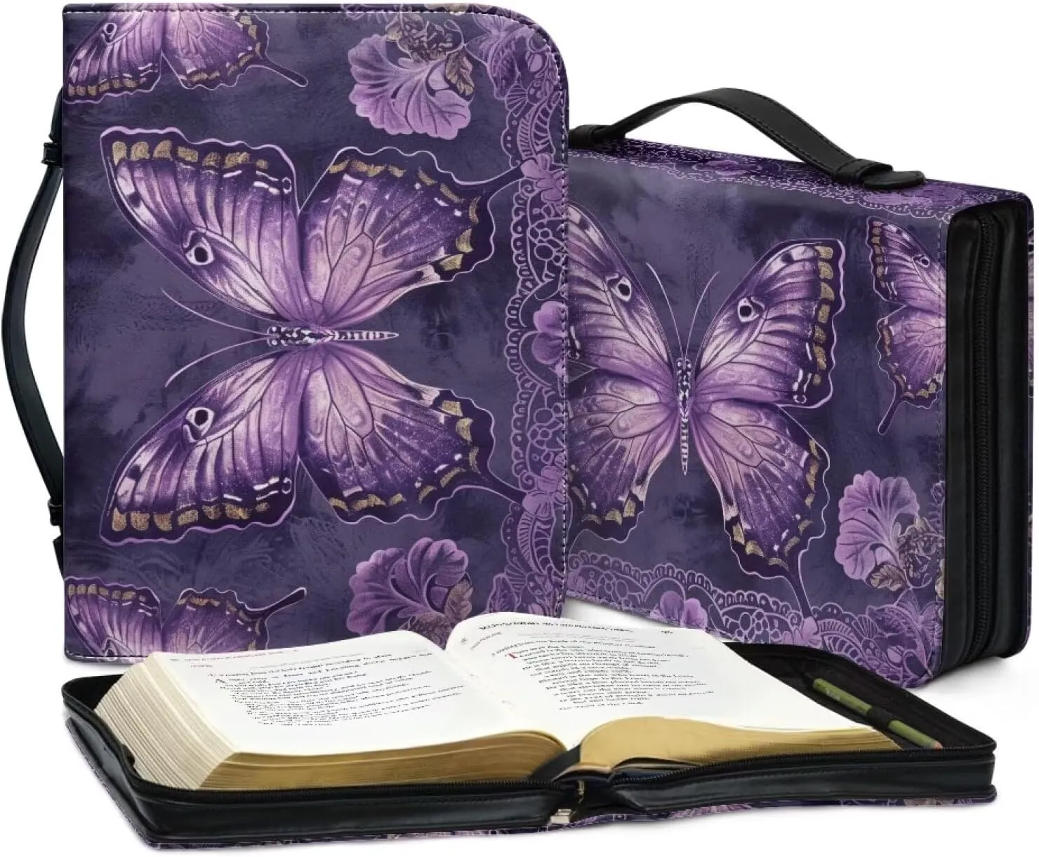 Lotusorchid Butterfly Bible Cover Case for Women, Lightweight Church Bible Bag Sturdy Bible Cover Carrier Organizer Bag, Bible Holder Zippered Bible Accessories for Christian, Purple, M