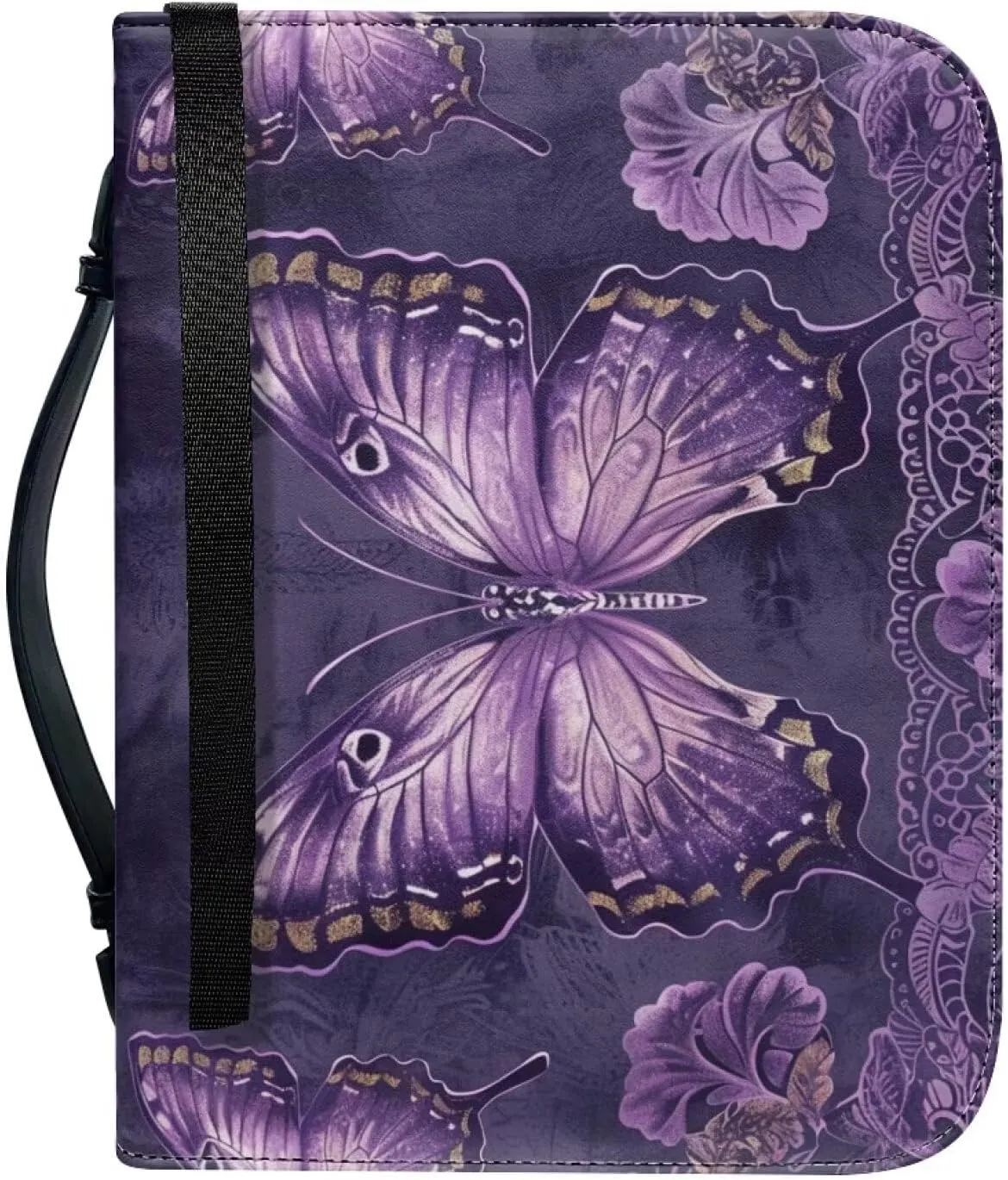 Lotusorchid Butterfly Bible Cover Case for Women, Lightweight Church Bible Bag Sturdy Bible Cover Carrier Organizer Bag, Bible Holder Zippered Bible Accessories for Christian, Purple, M