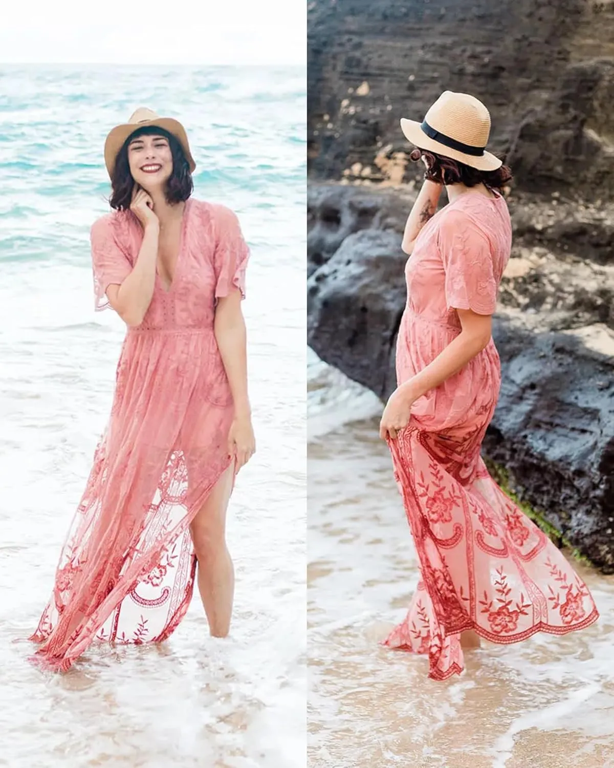 LRISES Womens V Neck Floral Embroidered Lace Wedding Maxi Dress Boho Short Sleeve Slit Bridesmaid Evening Party Dresses