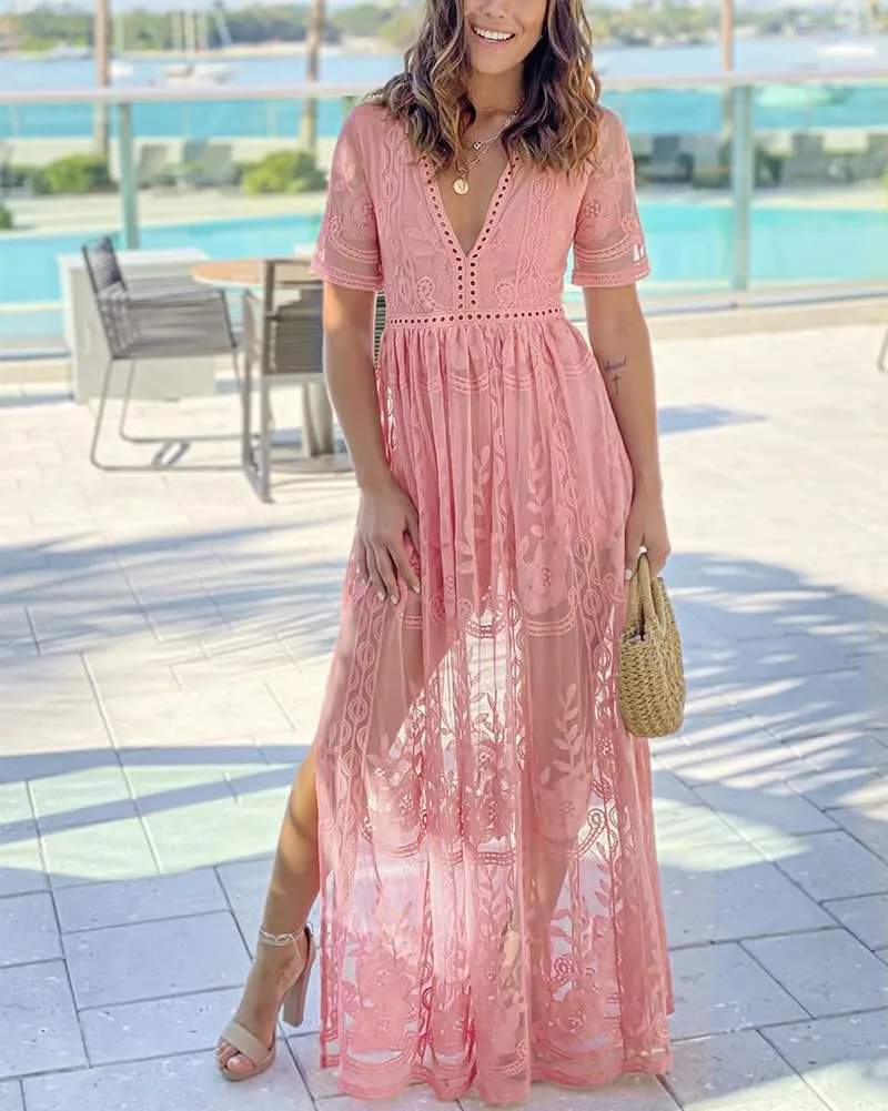 LRISES Womens V Neck Floral Embroidered Lace Wedding Maxi Dress Boho Short Sleeve Slit Bridesmaid Evening Party Dresses