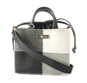 Lucy Medium Woven Crossbody Bag with Drawstring - Black Leather, Black & White Bag, Recycled Plastic Purse, Oaxacan Mexican Bag, Artisan Made, Travel Bag, Woven Bag
