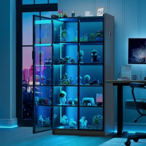 Lvifur 5 Tier Bookcase Display Cabinet, LED Living Room Curio Cabinet with Human Body Induction, 65” Tall China Cabinets with Adjustable Shelves for Office (Black)