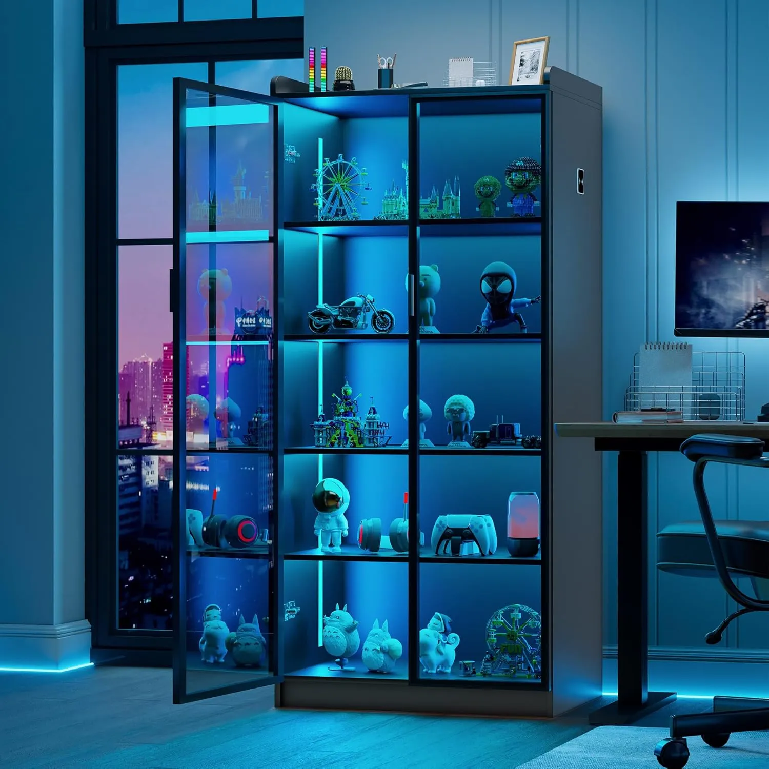 Lvifur 5 Tier Bookcase Display Cabinet, LED Living Room Curio Cabinet with Human Body Induction, 65” Tall China Cabinets with Adjustable Shelves for Office (Black)