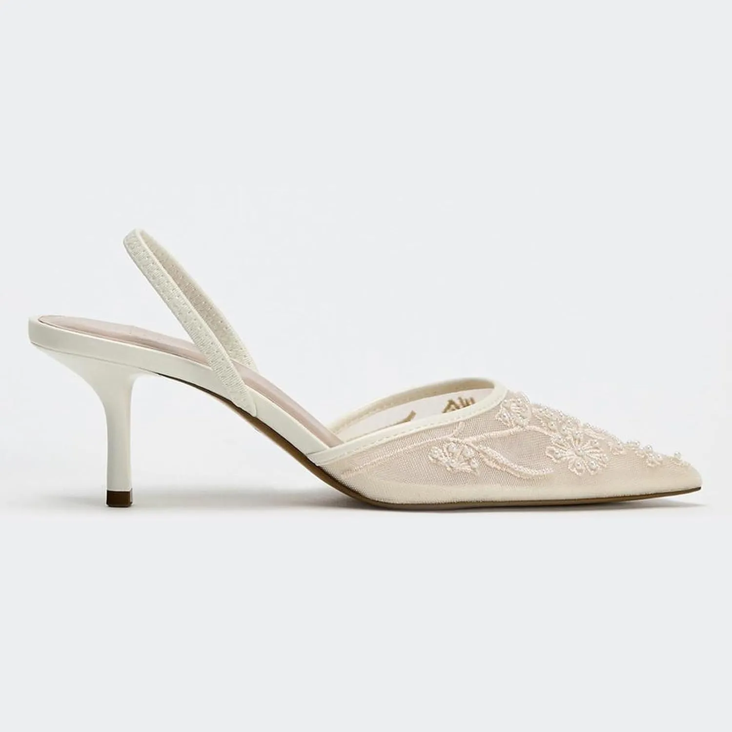 Lymphvity Women's Mesh Embroidered Slingback Heels with Bead Elegant Backless Kitten Heels Pointed Toe Wedding Bridal Dress Pumps Shoes