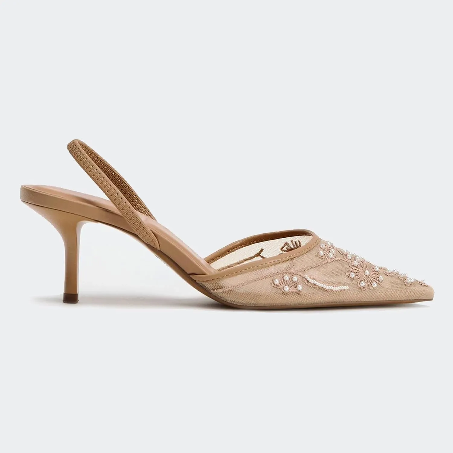 Lymphvity Women's Mesh Embroidered Slingback Heels with Bead Elegant Backless Kitten Heels Pointed Toe Wedding Bridal Dress Pumps Shoes