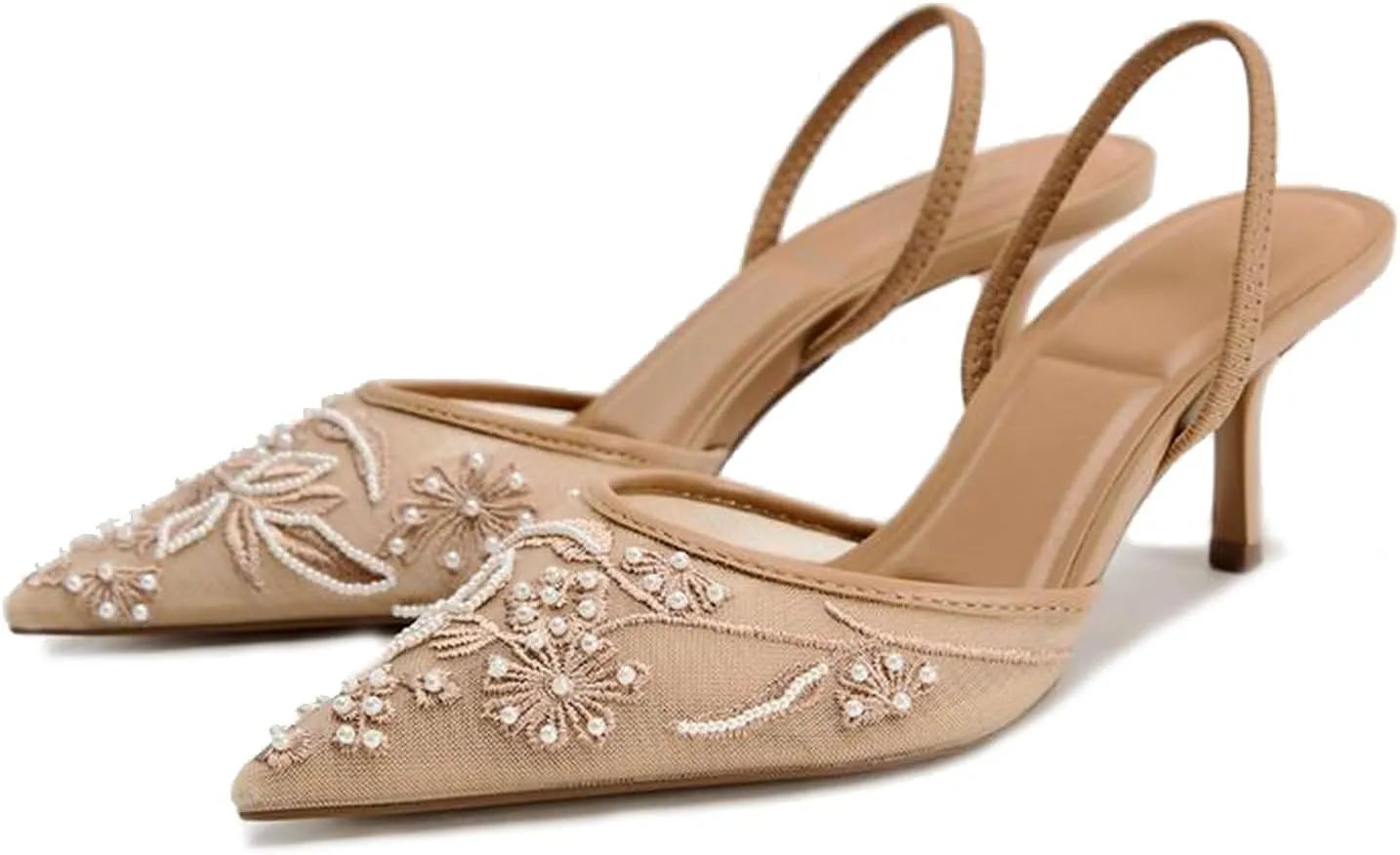 Lymphvity Women's Mesh Embroidered Slingback Heels with Bead Elegant Backless Kitten Heels Pointed Toe Wedding Bridal Dress Pumps Shoes