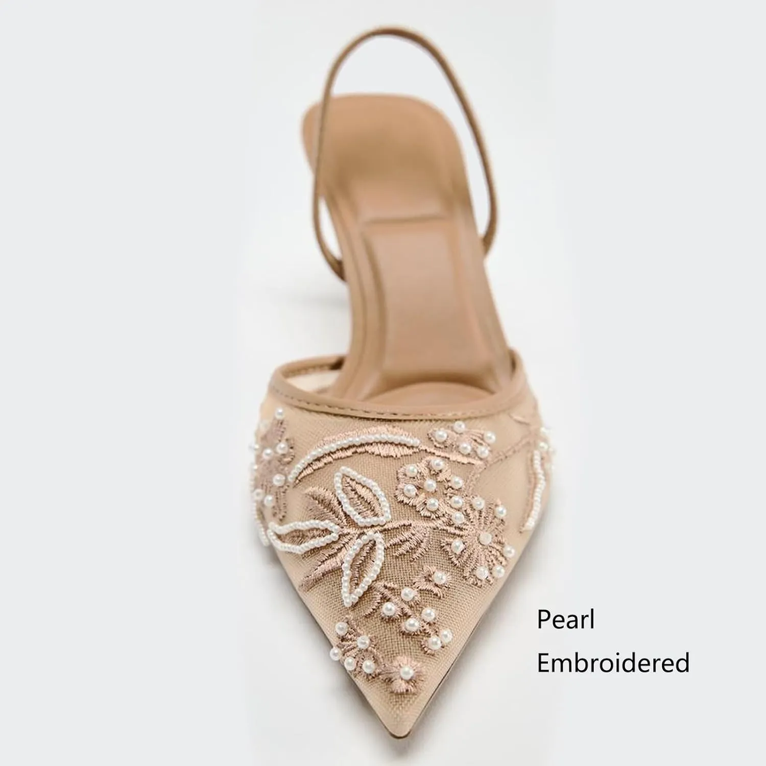 Lymphvity Women's Mesh Embroidered Slingback Heels with Bead Elegant Backless Kitten Heels Pointed Toe Wedding Bridal Dress Pumps Shoes