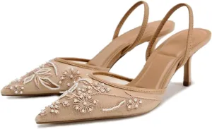 Lymphvity Women's Mesh Embroidered Slingback Heels with Bead Elegant Backless Kitten Heels Pointed Toe Wedding Bridal Dress Pumps Shoes