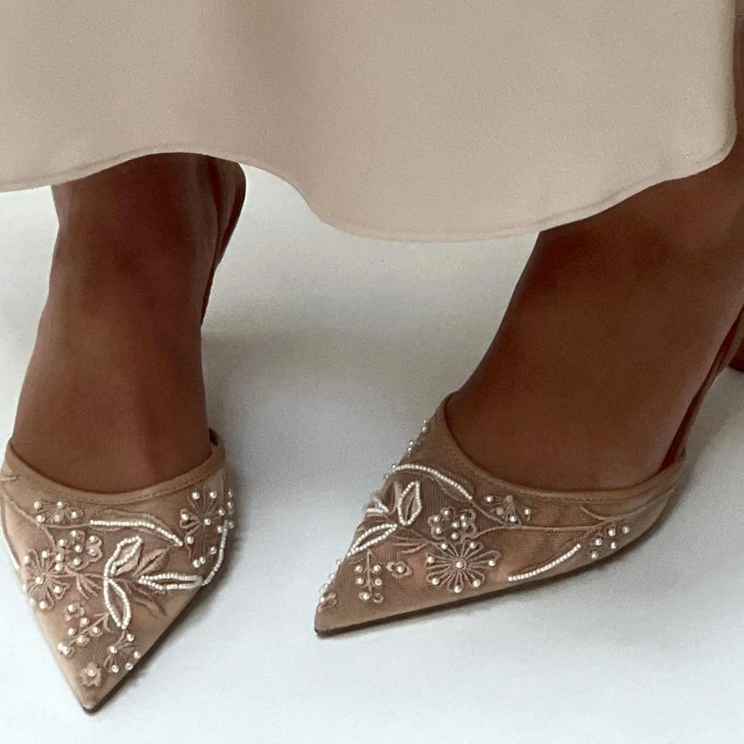 Lymphvity Women's Mesh Embroidered Slingback Heels with Bead Elegant Backless Kitten Heels Pointed Toe Wedding Bridal Dress Pumps Shoes