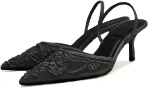 Lymphvity Women's Mesh Embroidered Slingback Heels with Bead Elegant Backless Kitten Heels Pointed Toe Wedding Bridal Dress Pumps Shoes