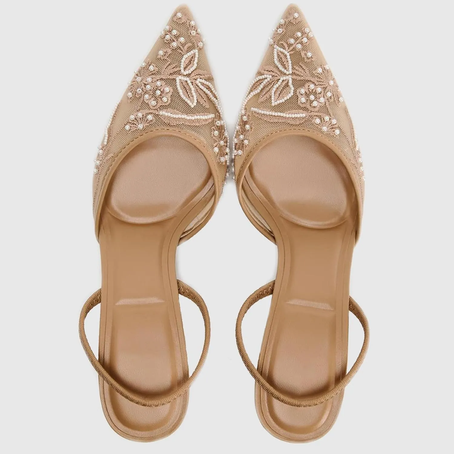 Lymphvity Women's Mesh Embroidered Slingback Heels with Bead Elegant Backless Kitten Heels Pointed Toe Wedding Bridal Dress Pumps Shoes