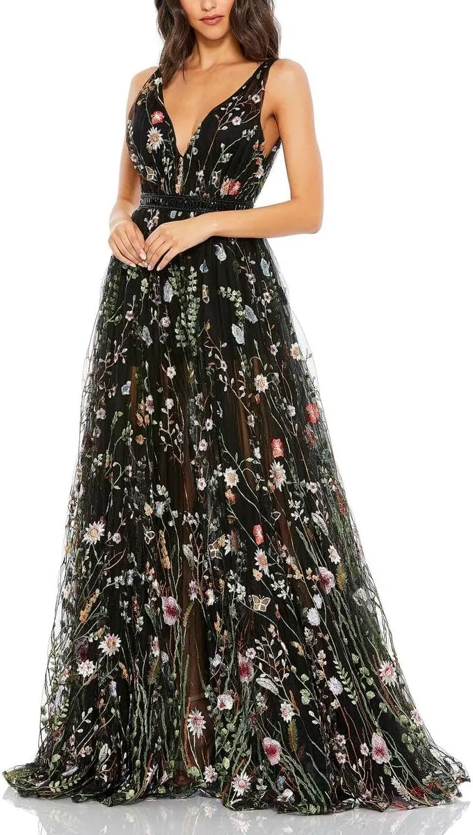 Mac Duggal Womens Embroidered Crepe Evening Dress