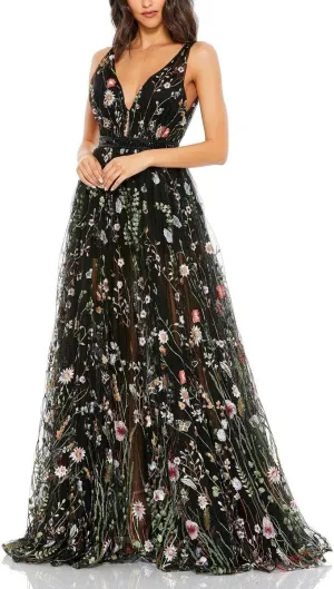 Mac Duggal Womens Embroidered Crepe Evening Dress