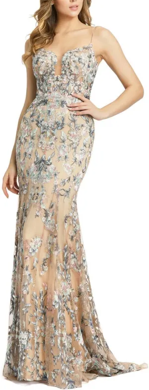 Mac Duggal Womens Embroidered Mesh Evening Dress