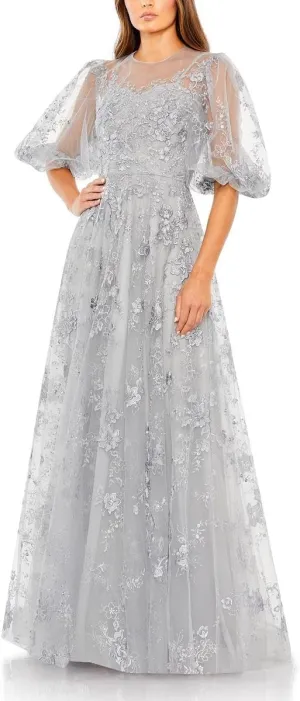 Mac Duggal Womens Embroidered Puff Sleeve Evening Dress
