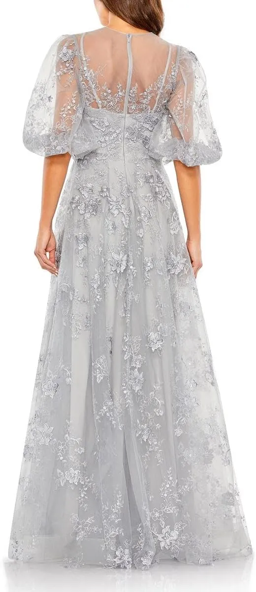 Mac Duggal Womens Embroidered Puff Sleeve Evening Dress