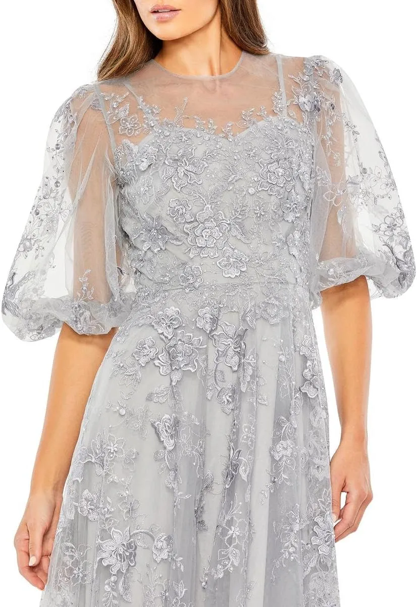 Mac Duggal Womens Embroidered Puff Sleeve Evening Dress