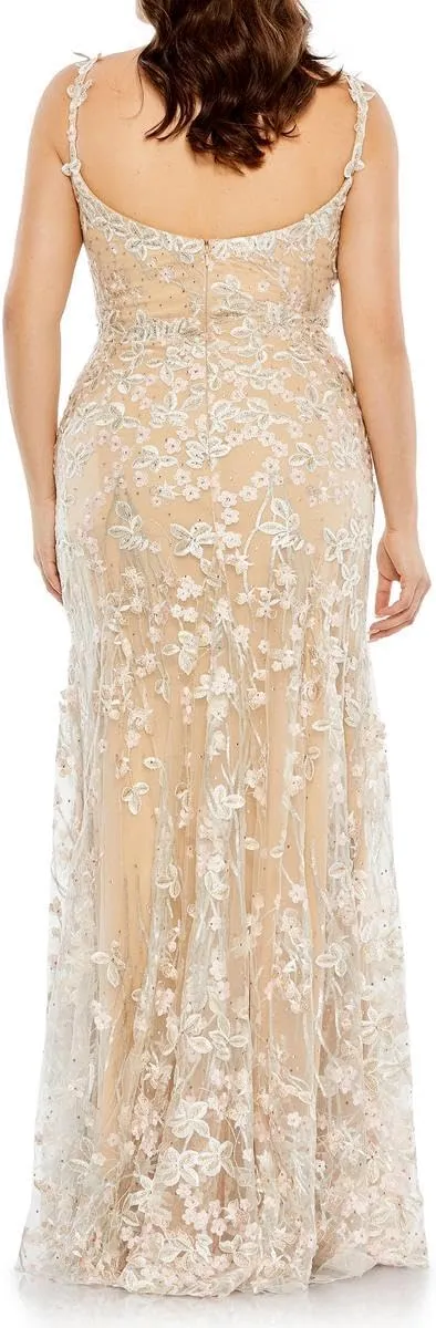 Mac Duggal Womens Plus Embroidered Mesh Evening Dress