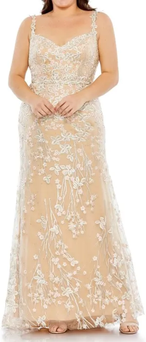 Mac Duggal Womens Plus Embroidered Mesh Evening Dress