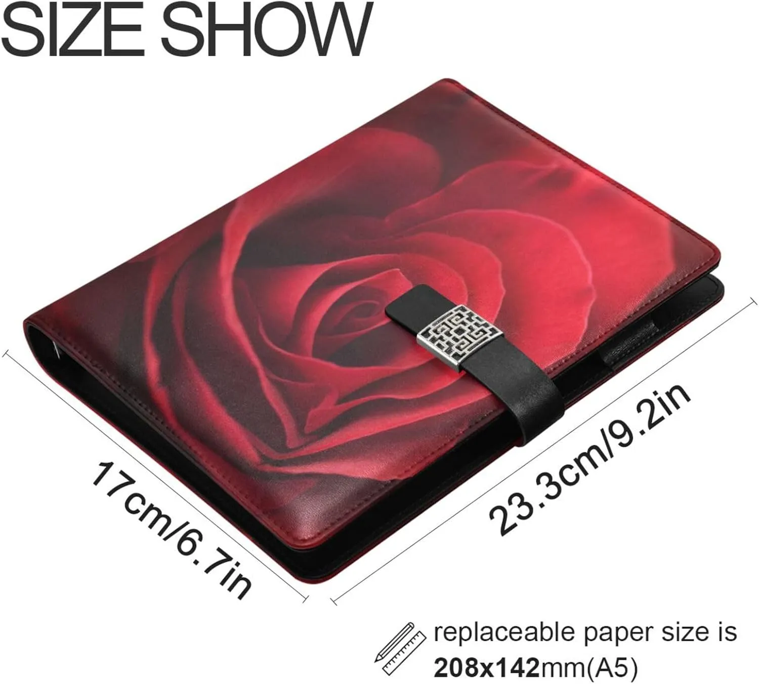 Magic Red Rose A5 Binder 6 Ring Refillable PU Leather Notebook Journal with Magnetic Buckle Closure Loose Leaf Travel Office Planner Budget Binder Notepad Portfolio, Valentine Gift