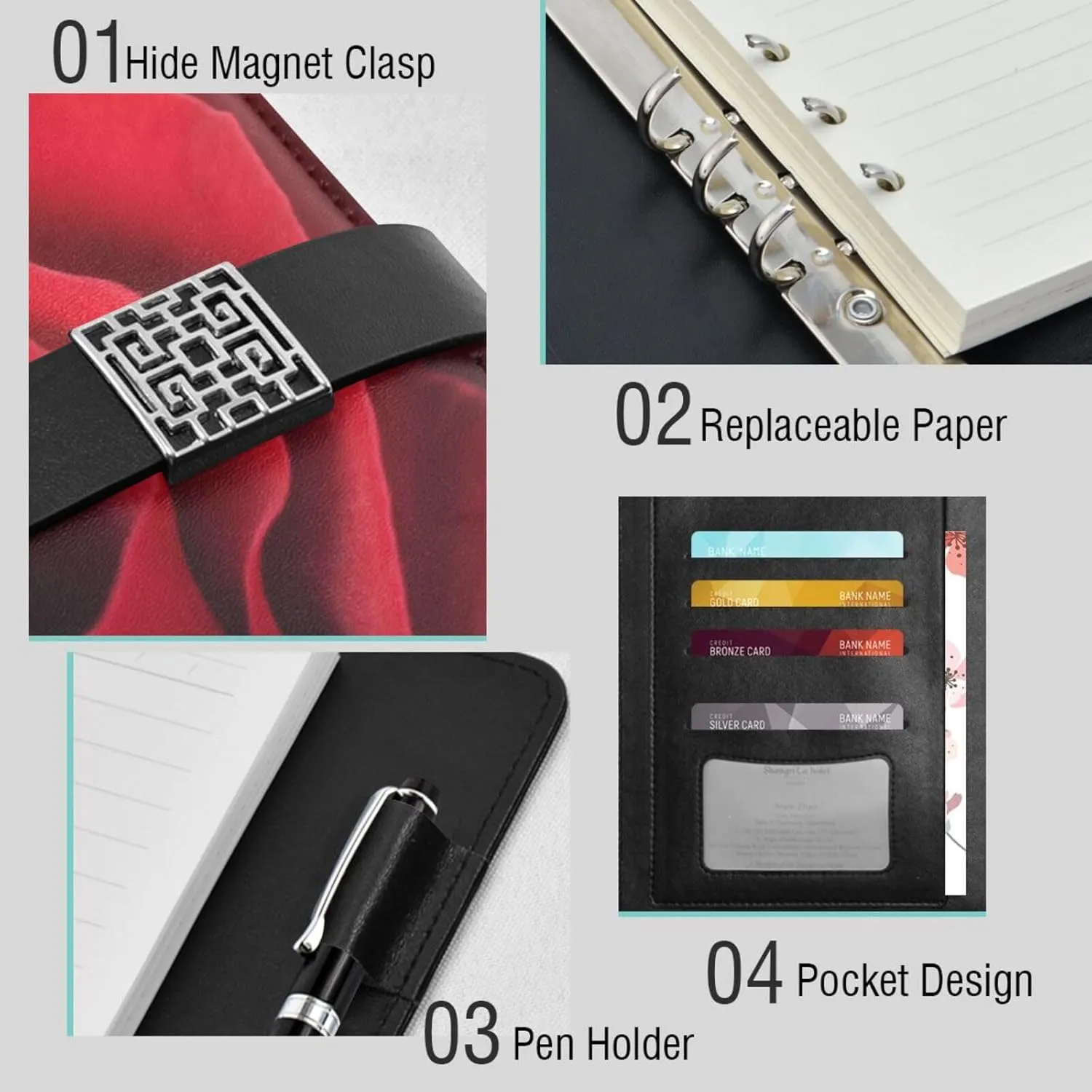 Magic Red Rose A5 Binder 6 Ring Refillable PU Leather Notebook Journal with Magnetic Buckle Closure Loose Leaf Travel Office Planner Budget Binder Notepad Portfolio, Valentine Gift