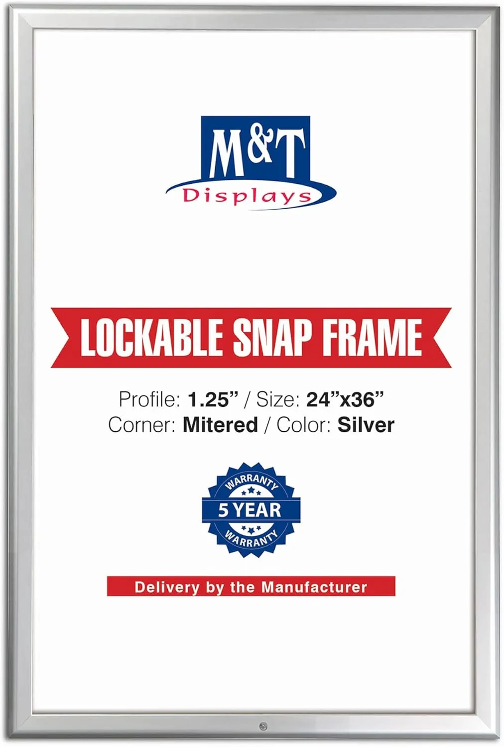 M&T Displays 24x36 Inch Silver Aluminum Lockable Snap Frame, 1.25" Profile, Wall Mounting, Front-Loading Poster, Picture, Certificate, Document Frame with Anti-Glare Cover (1)
