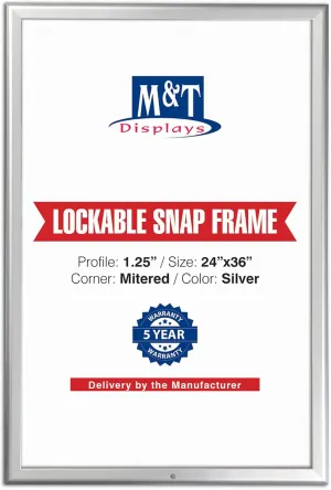 M&T Displays 24x36 Inch Silver Aluminum Lockable Snap Frame, 1.25" Profile, Wall Mounting, Front-Loading Poster, Picture, Certificate, Document Frame with Anti-Glare Cover (1)