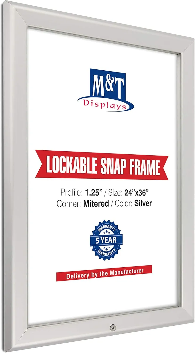 M&T Displays 24x36 Inch Silver Aluminum Lockable Snap Frame, 1.25" Profile, Wall Mounting, Front-Loading Poster, Picture, Certificate, Document Frame with Anti-Glare Cover (1)