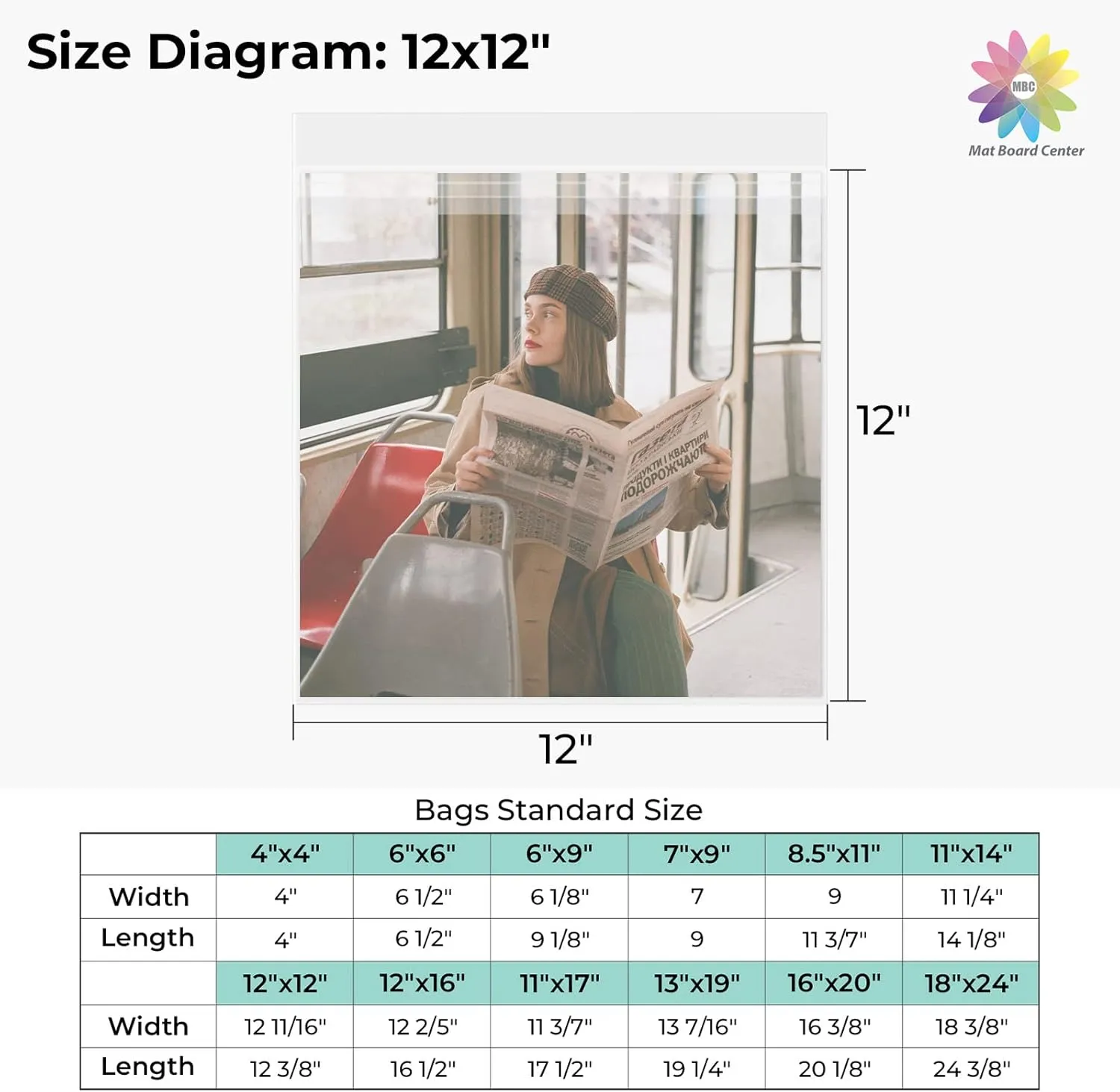 Mat Board Center, 12"x12" Crystal Clear Sleeves, Resealable Polypropylene Bags with Flap Fit for 12x12 Photo Mat, Photos & Prints - 100 Pack