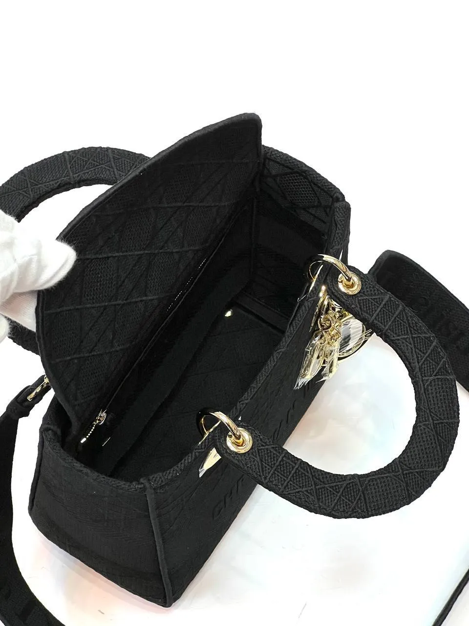 MEDIUM LADY D-LITE BAG Black Cannage embroidery