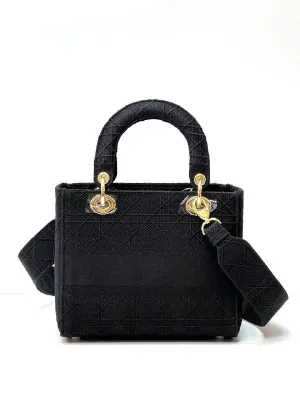 MEDIUM LADY D-LITE BAG Black Cannage embroidery