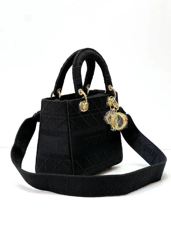 MEDIUM LADY D-LITE BAG Black Cannage embroidery