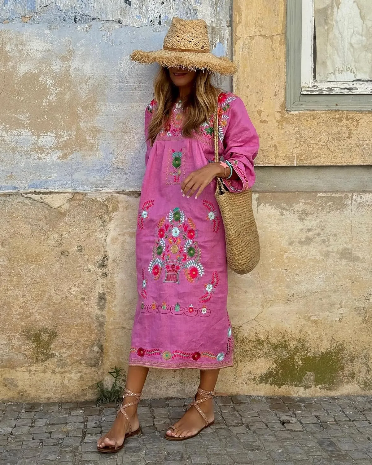 Melliflo Womens Boho Floral Embroidered Midi Dress Square Neck Long Sleeve Ethnic Style Fall Linen Dress with Pockets
