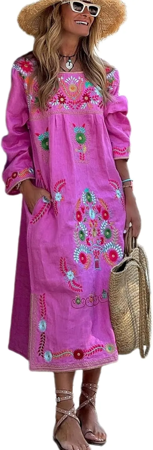 Melliflo Womens Boho Floral Embroidered Midi Dress Square Neck Long Sleeve Ethnic Style Fall Linen Dress with Pockets