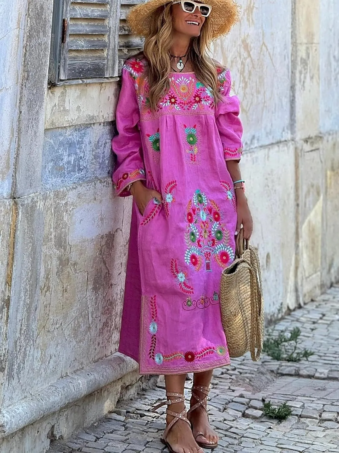 Melliflo Womens Boho Floral Embroidered Midi Dress Square Neck Long Sleeve Ethnic Style Fall Linen Dress with Pockets