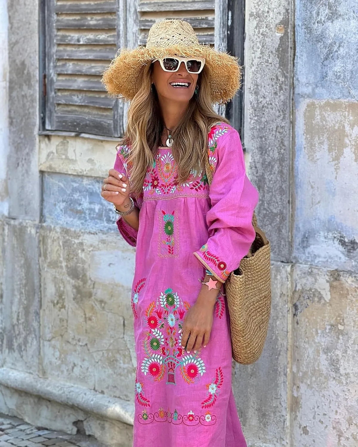 Melliflo Womens Boho Floral Embroidered Midi Dress Square Neck Long Sleeve Ethnic Style Fall Linen Dress with Pockets