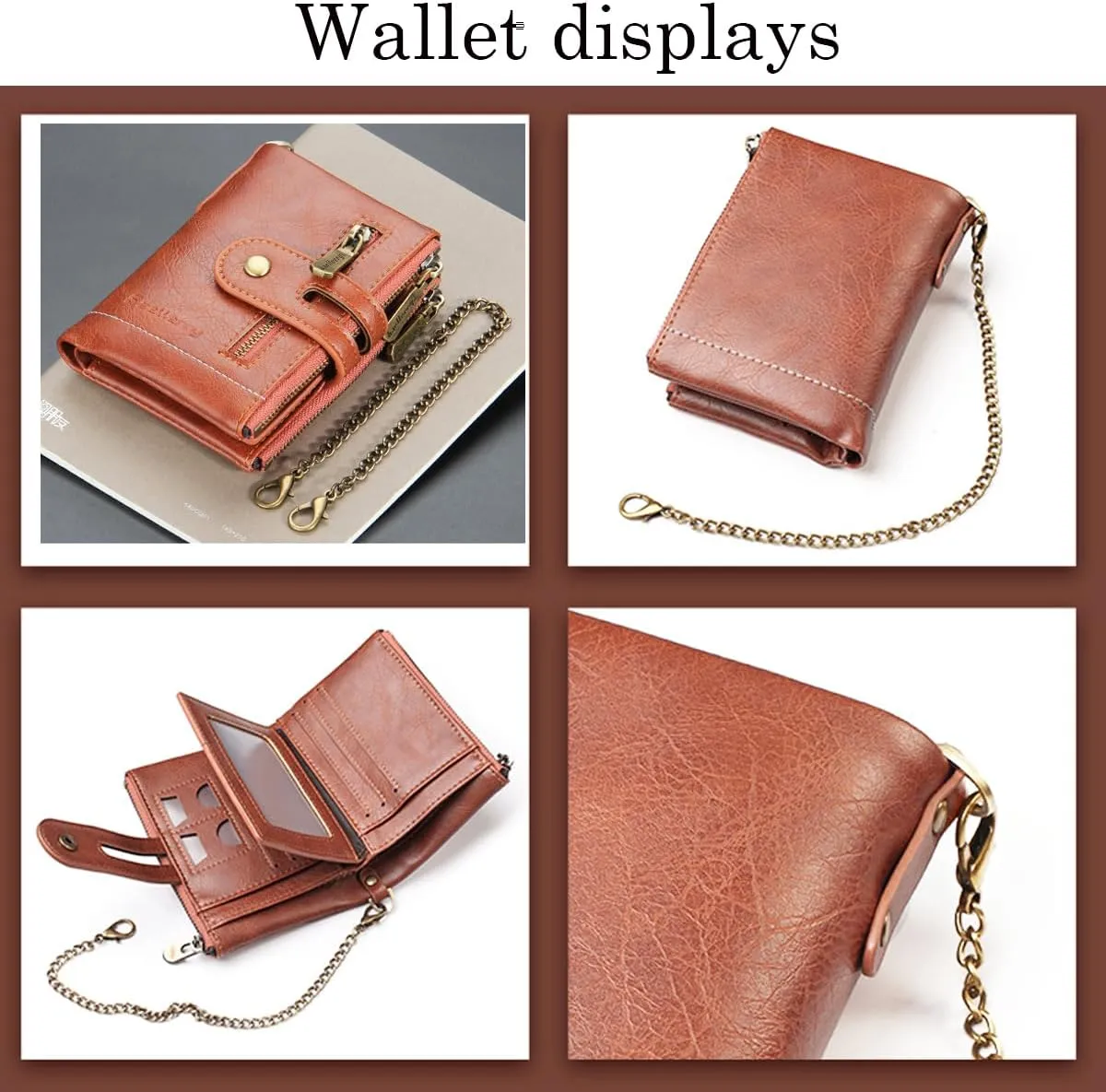 Men Chain Wallet PU Faux Leather Bifold Wallet for Men Double Zipper Coin Pocket Purse Double Anti-Theft