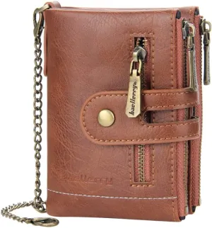 Men Chain Wallet PU Faux Leather Bifold Wallet for Men Double Zipper Coin Pocket Purse Double Anti-Theft