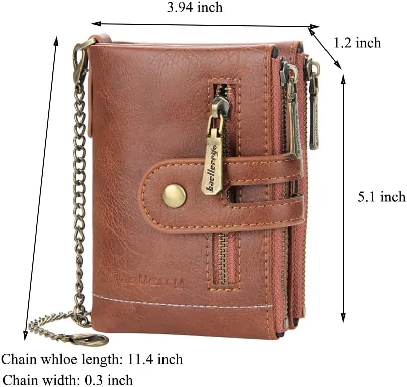 Men Chain Wallet PU Faux Leather Bifold Wallet for Men Double Zipper Coin Pocket Purse Double Anti-Theft