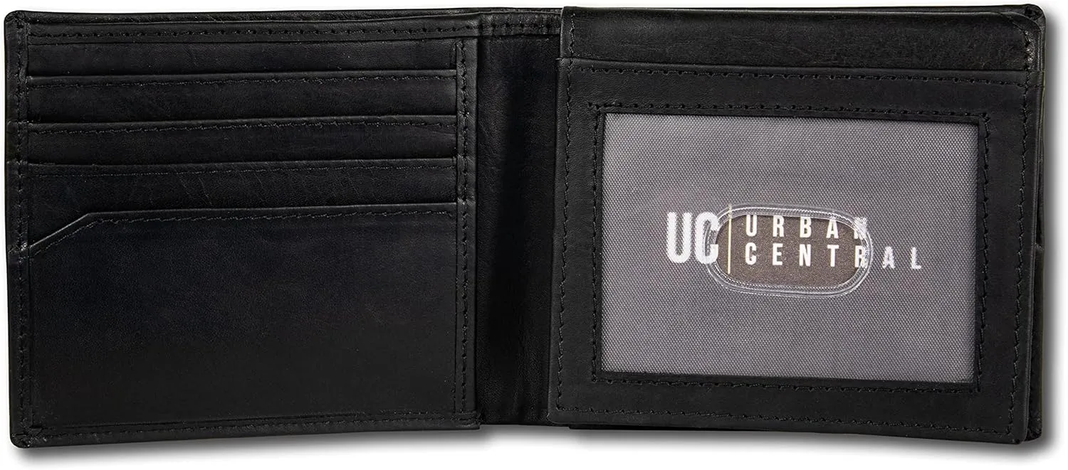 Mens Bifold Leather Wallet, Black, RFID Blocking, Attached Flip Up ID with 2 Window, Large Extra Capacity, Top Grain Leather (Black)