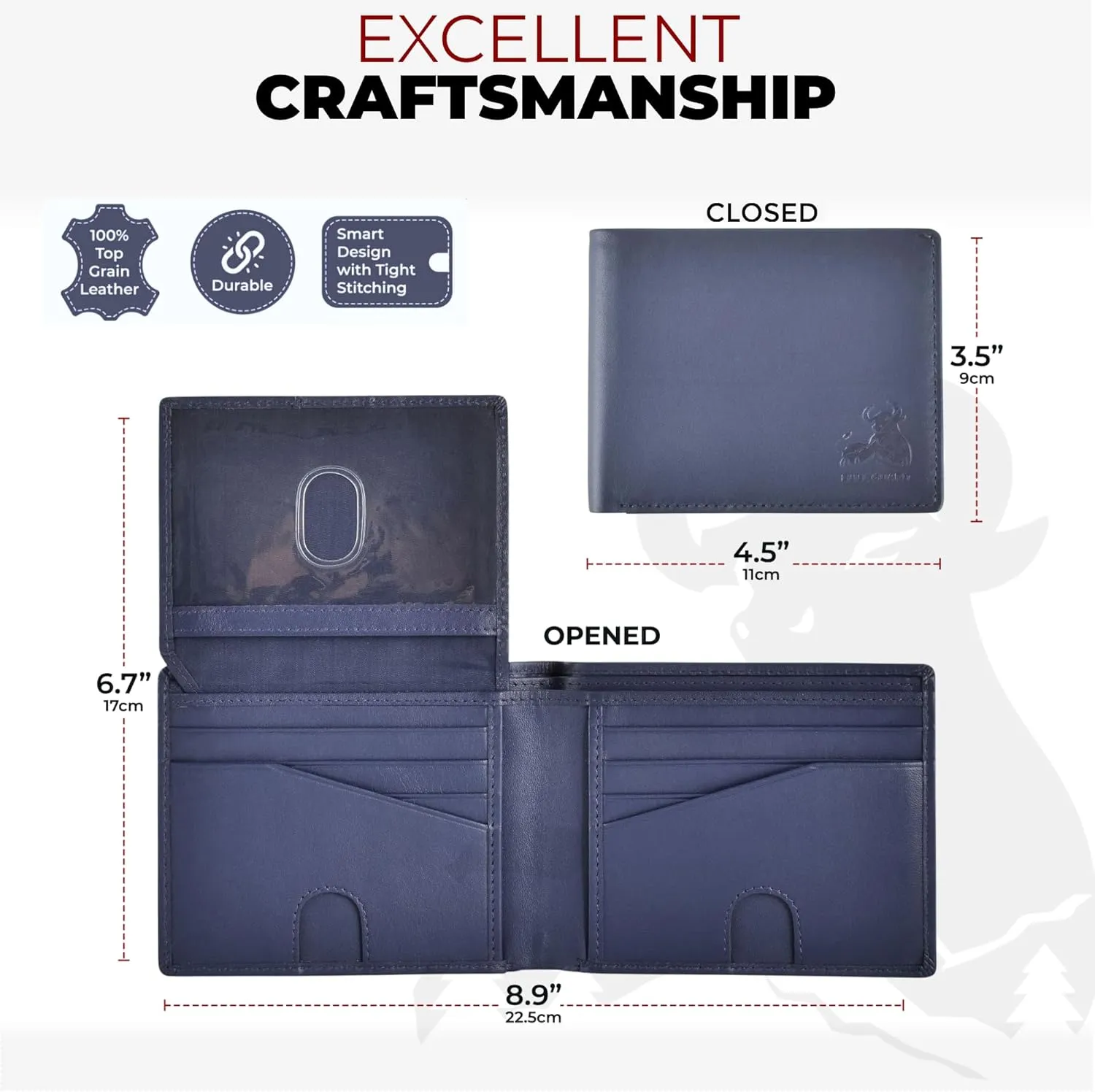 Mens RFID Blocking Bifold Wallet Nappa Soft Genuine Leather in Storm Cloud Blue