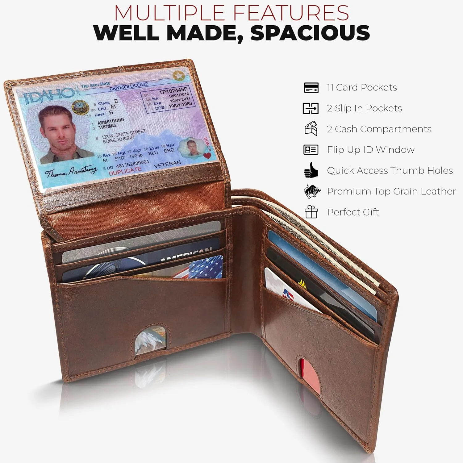 Mens RFID Blocking Bifold Wallet Soft Top Grain Leather in Grizzly Brown